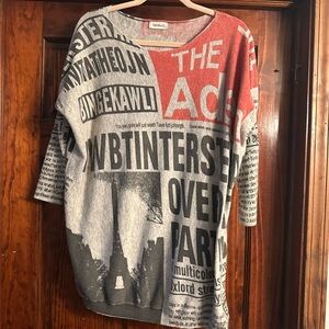 Trendy Red and Gray Newspaper Print Crewneck Sweater